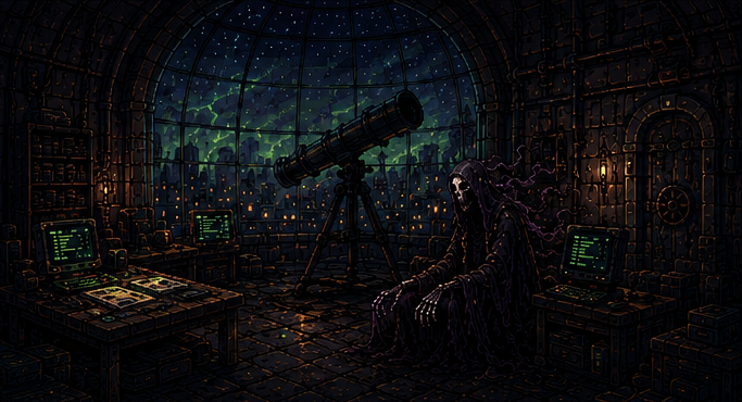 A dark pixel-art dome observatory with a telescope, old terminals, a workbench, an arched door, and the seated Whisperer.